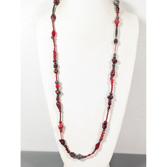 Esmor Dark Red Bead Long Layering Necklace Boho Gothic 38" - Picture 1 of 9